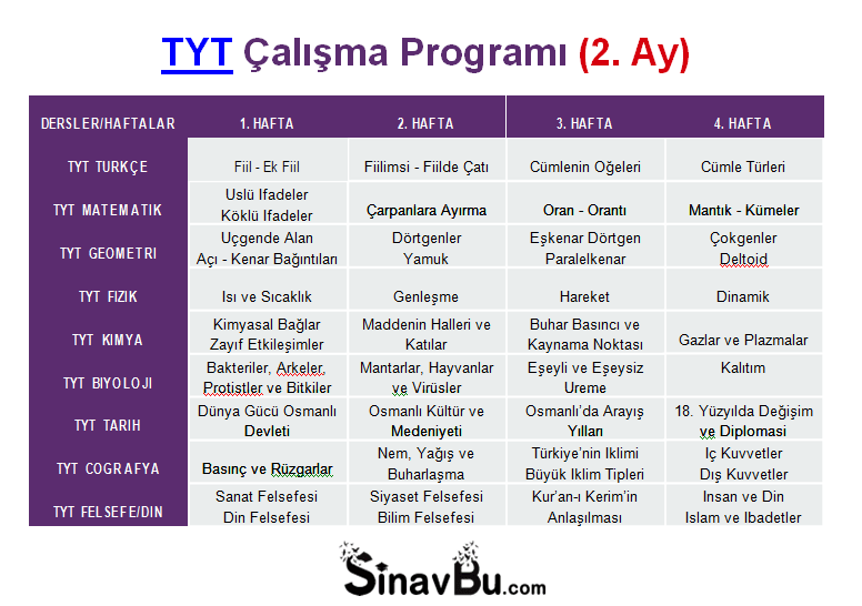 TYT Çalışma Programı PDF İndir 2. Ay